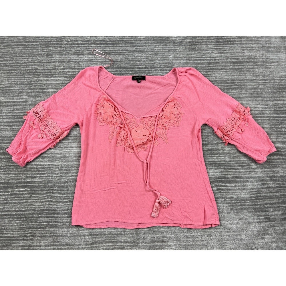 Melissa Paige Blouse Womens Small Pink Crochet‎ Lace Boho Peasant Tassel V-Neck